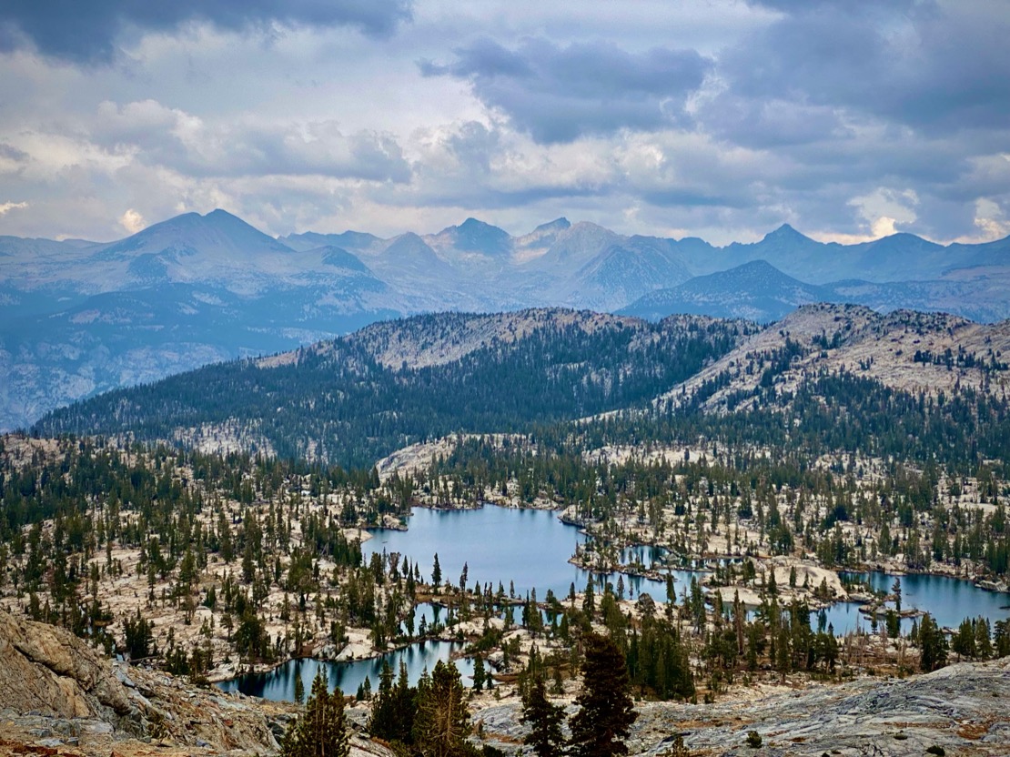 Looking down on alpine lakes seen in Yosemite National Park